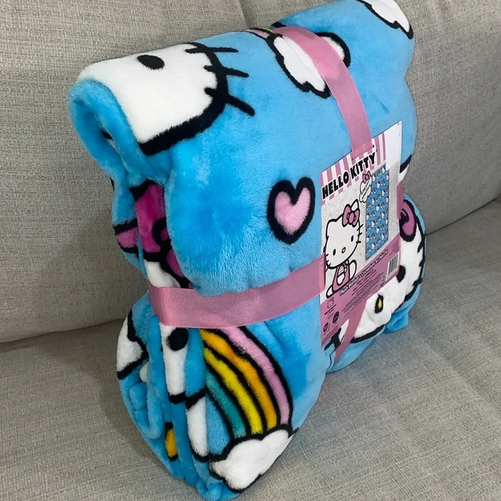 Hello Kitty Blue Rainbow Plush Twin Blanket